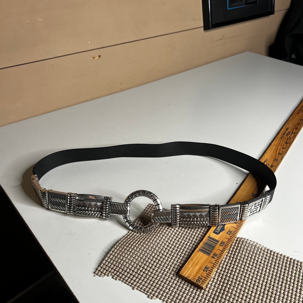 Chicos Black Leather Belt Silver Tone Geometric Metal Panels Ring Buckle Large